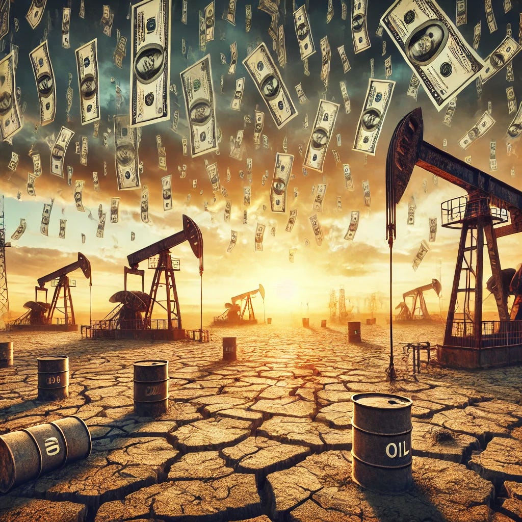 ai image of dollars raining on oilfield